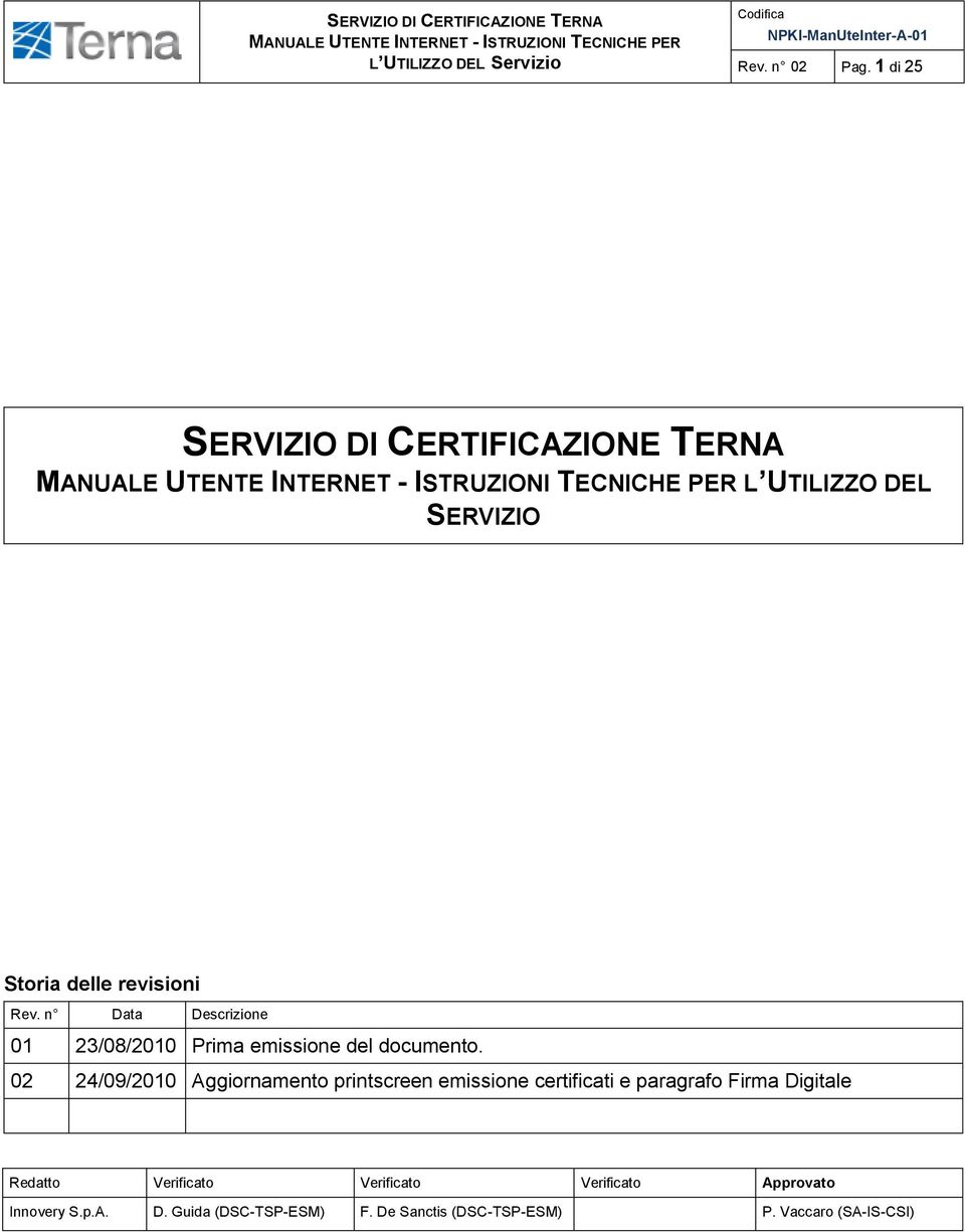 n Data Descrizione 01 23/08/2010 Prima emissione del documento.