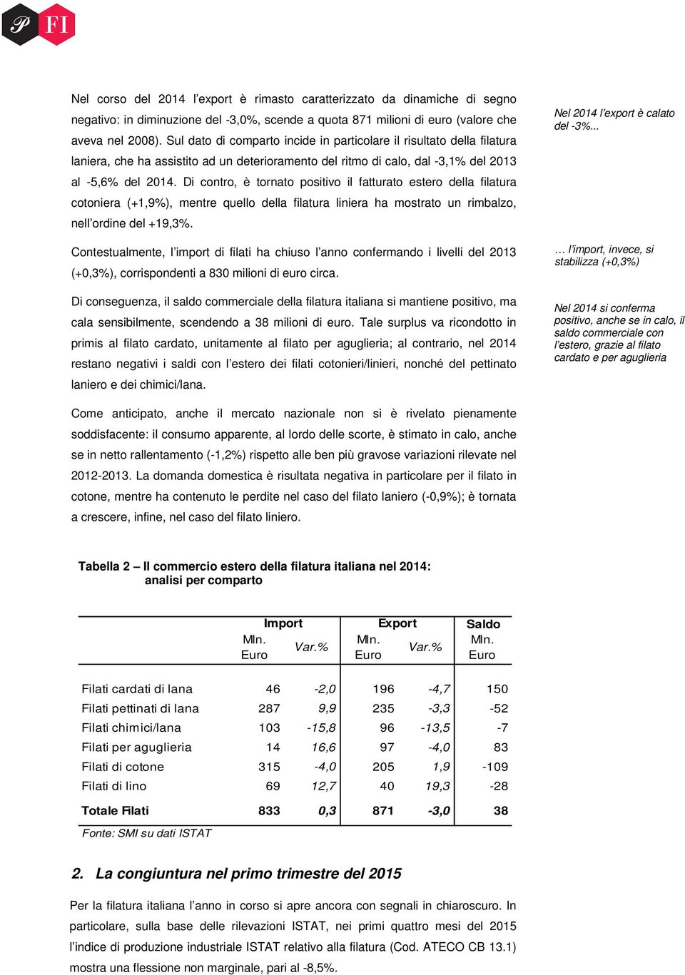 Di contro, è tornato positivo il fatturato estero della filatura cotoniera (+1,9), mentre quello della filatura liniera ha mostrato un rimbalzo, nell ordine del +19,3.