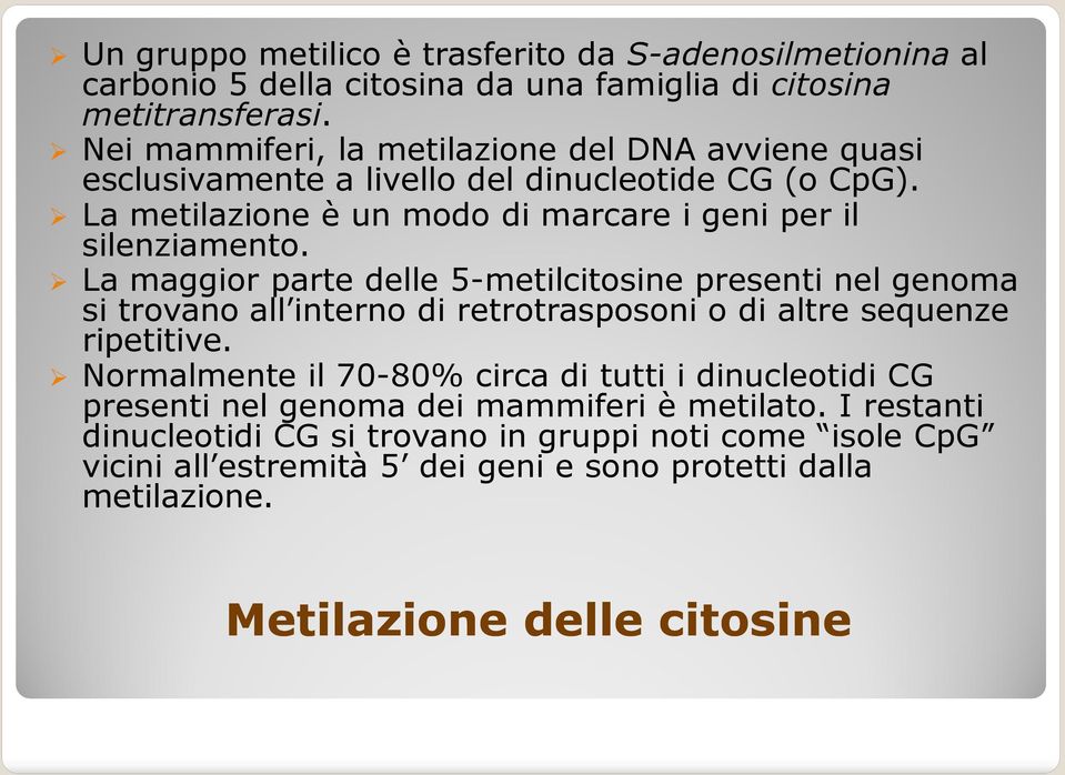 La maggior parte delle 5-metilcitosine presenti nel genoma si trovano all interno di retrotrasposoni o di altre sequenze ripetitive.