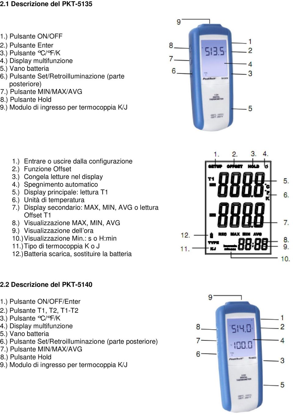 ) Spegnimento automatico 5.) Display principale: lettura T1 6.) Unità di temperatura 7.) Display secondario: MAX, MIN, AVG o lettura Offset T1 8.) Visualizzazione MAX, MIN, AVG 9.