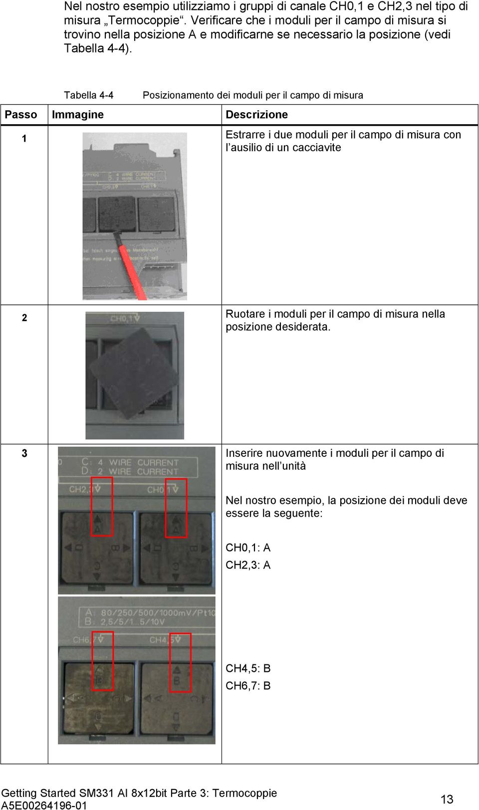 Tabella 4-4 Posizionamento dei moduli per il campo di misura Passo Immagine Descrizione 1 Estrarre i due moduli per il campo di misura con l ausilio di un