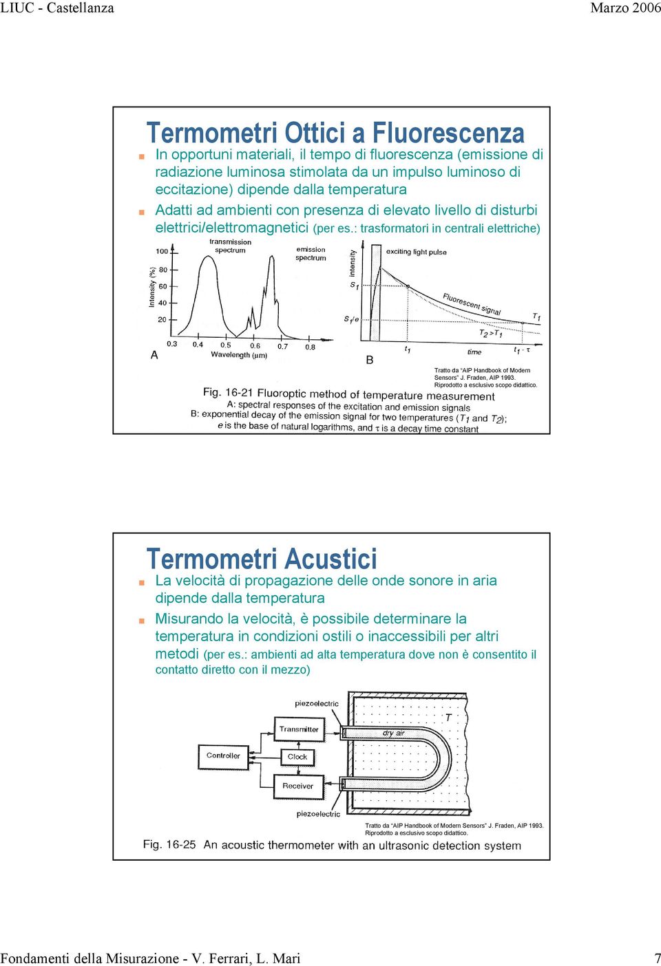 Termometri Acustici La velocità di propagazione delle onde sonore in aria dipende dalla temperatura Misurando la velocità, è possibile determinare la temperatura in condizioni ostili o inaccessibili
