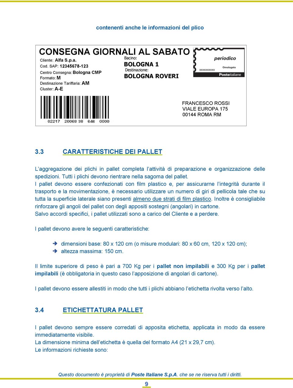 3 CARATTERISTICHE DEI PALLET L aggregazione dei plichi in pallet completa l attività di preparazione e organizzazione delle spedizioni. Tutti i plichi devono rientrare nella sagoma del pallet.