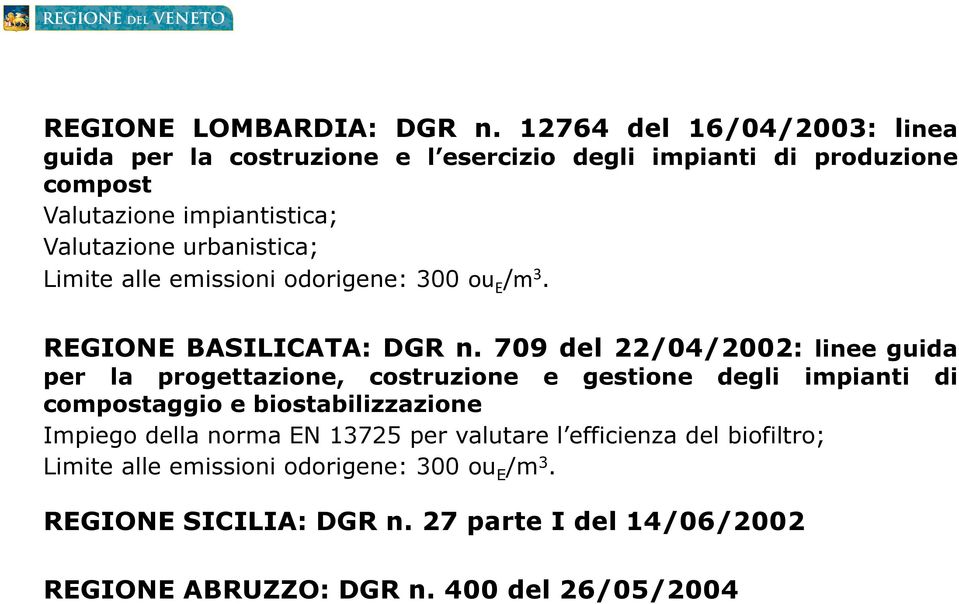 urbanistica; Limite alle emissioni odorigene: 300 ou E /m 3. REGIONE BASILICATA: DGR n.