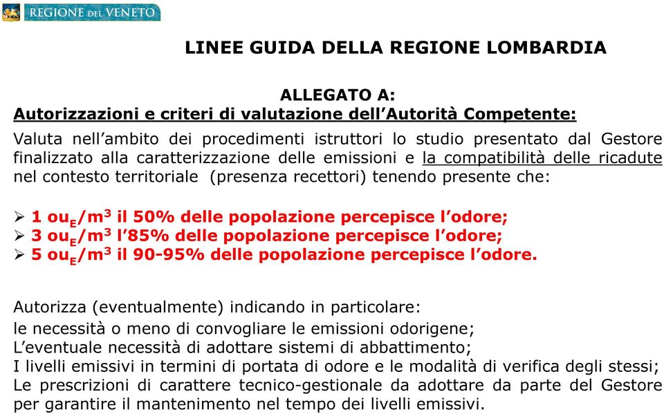 percepisce l odore; 3 ou E /m 3 l 85% delle popolazione percepisce l odore; 5 ou E /m 3 il 90-95% delle popolazio olazione percepisce l odore.