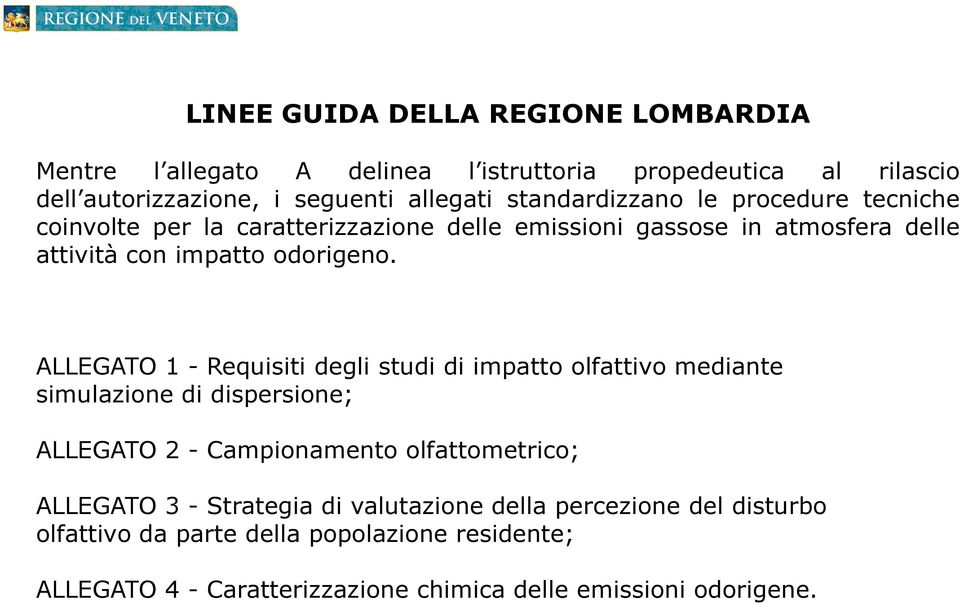 ALLEGATO 1 - Requisiti degli studi di impatto olfattivo mediante simulazione di dispersione; ALLEGATO 2 - Campionamento olfattometrico; ALLEGATO 3 -