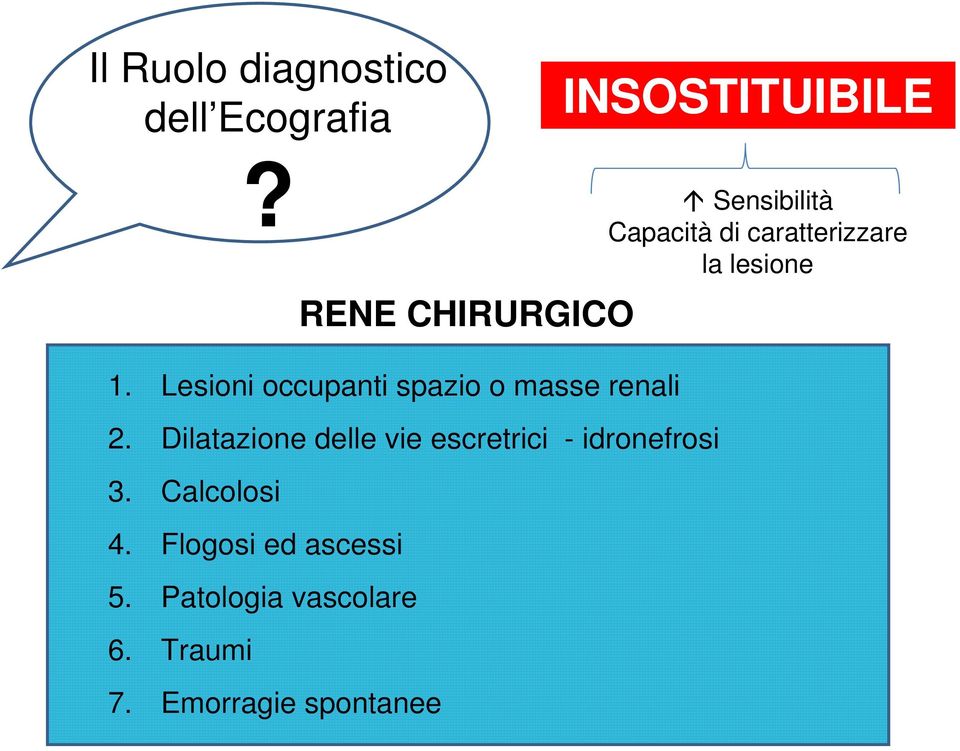 Dilatazione delle vie escretrici - idronefrosi 3. Calcolosi 4.