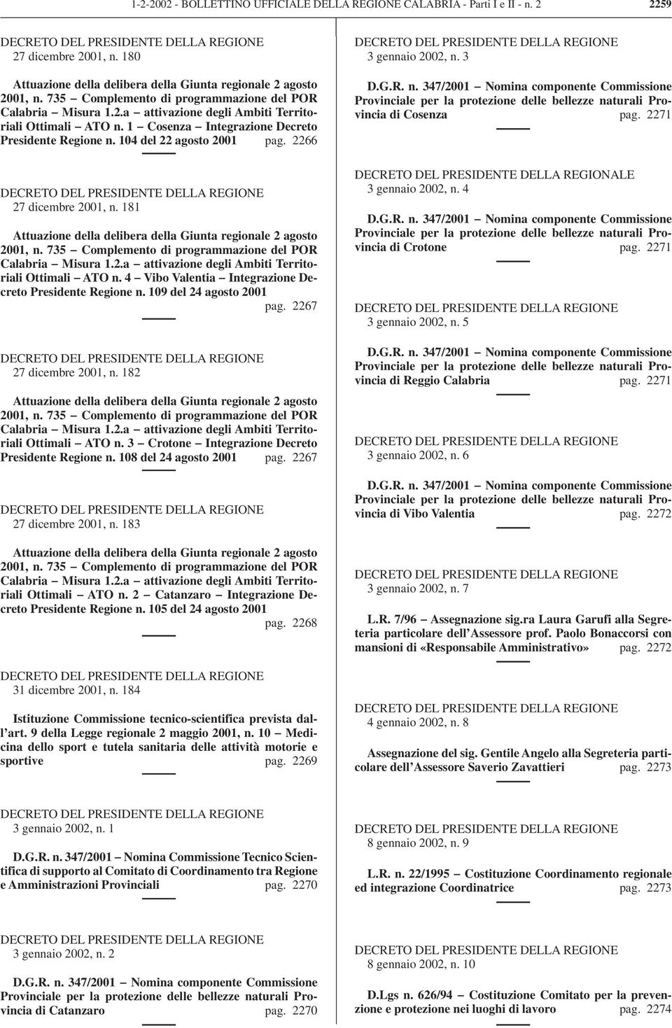 1 Cosenza Integrazione Decreto Presidente Regione n. 104 del 22 agosto 2001 pag. 2266 DECRETO DEL PRESIDENTE DELLA REGIONE 3 gennaio 2002, n. 3 D.G.R. n. 347/2001 Nomina componente Commissione Provinciale per la protezione delle bellezze naturali Provincia di Cosenza pag.