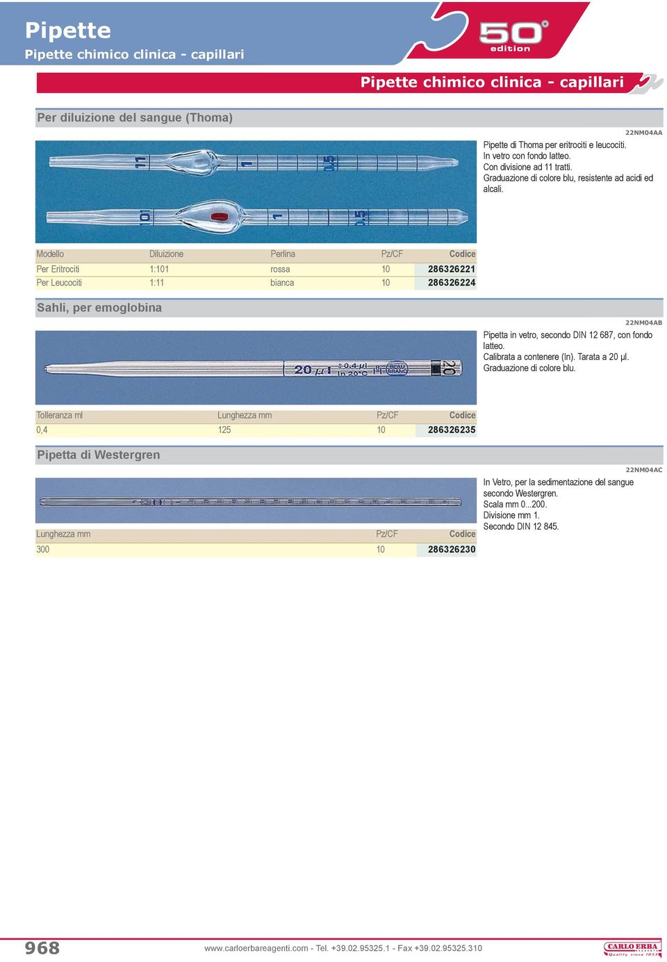 Modello Diluizione Perlina Pz/CF Codice Per Eritrociti 1:101 rossa 10 286326221 Per Leucociti 1:11 bianca 10 286326224 Sahli, per emoglobina 22NM04AB Pipetta in vetro, secondo DIN 12 687, con fondo