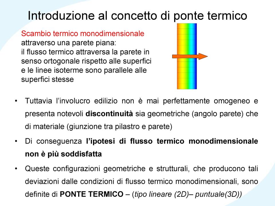 geometriche (angolo parete) che di materiale (giunzione tra pilastro e parete) Di conseguenza l ipotesi di flusso termico monodimensionale non è più soddisfatta Queste