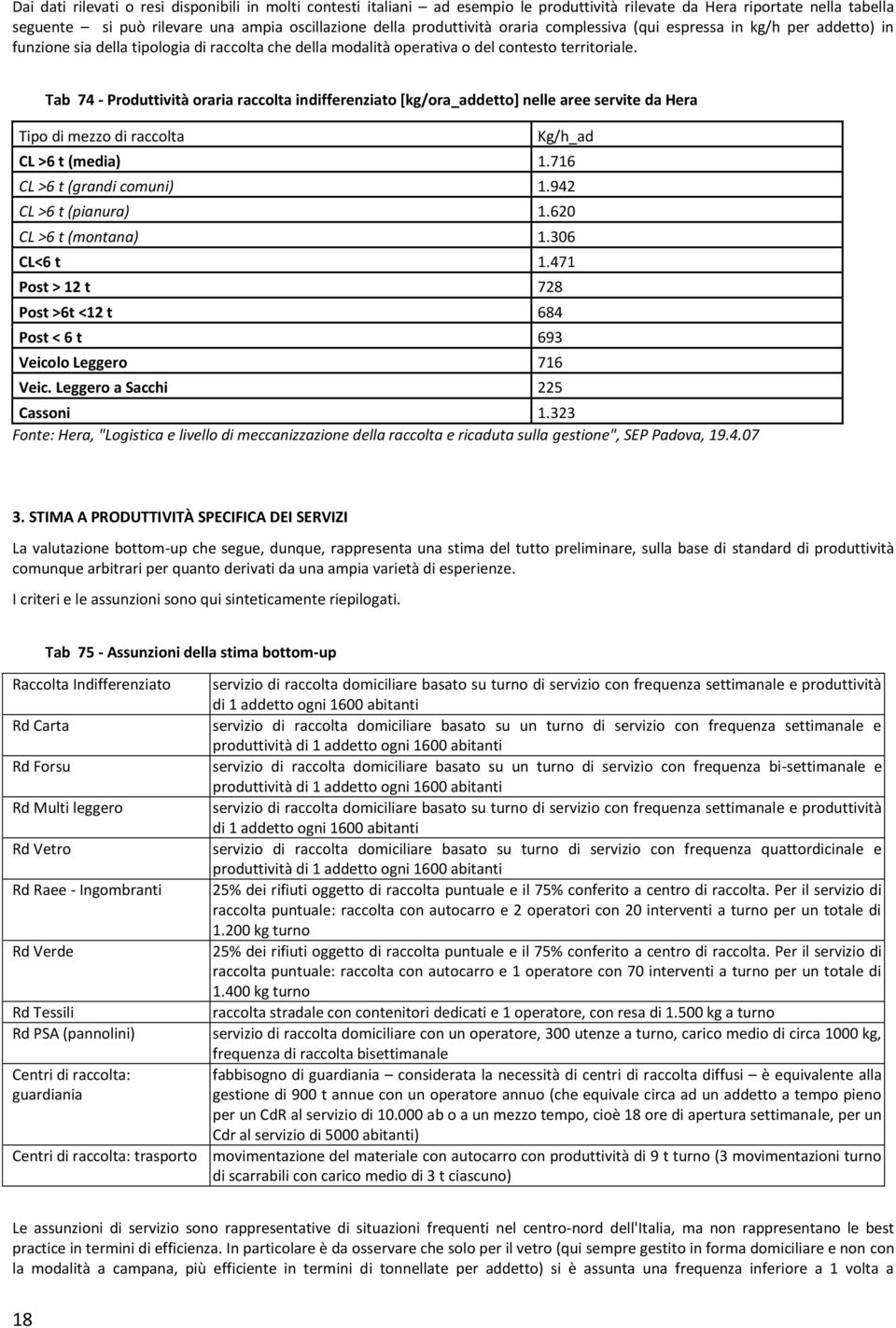 Tab 74 - Produttività oraria raccolta indifferenziato [kg/ora_addetto] nelle aree servite da Hera Tipo di mezzo di raccolta Kg/h_ad CL >6 t (media) 1.716 CL >6 t (grandi comuni) 1.