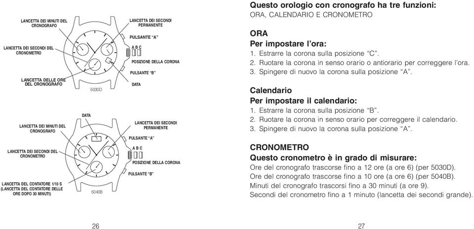 Ruotare la corona in senso orario o antiorario per correggere l ora. 3. Spingere di nuovo la corona sulla posizione A. Calendario Per impostare il calendario: 1. Estrarre la corona sulla posizione B.