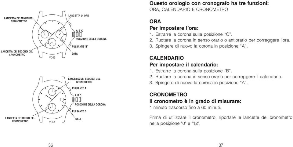 LANCETTA DEI SECONDI DEL VD53 DatA LANCETTA DEI SECONDI DEL CALENDARIO Per impostare il calendario: 1. Estrarre la corona sulla posizione B. 2.