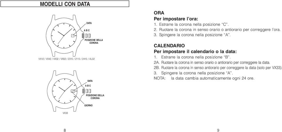 CALENDARIO Per impostare il calendario o la data: 1. Estrarre la corona nella posizione B. 2A. Ruotare la corona in senso orario o antiorario per correggere la data.