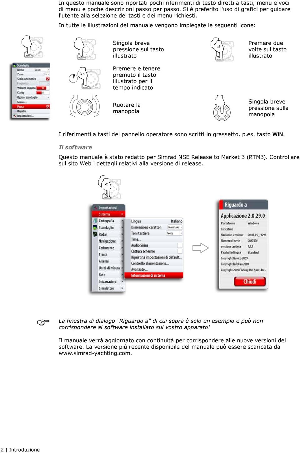 In tutte le illustrazioni del manuale vengono impiegate le seguenti icone: Singola breve pressione sul tasto illustrato x2 Premere due volte sul tasto illustrato 3 s Premere e tenere premuto il tasto