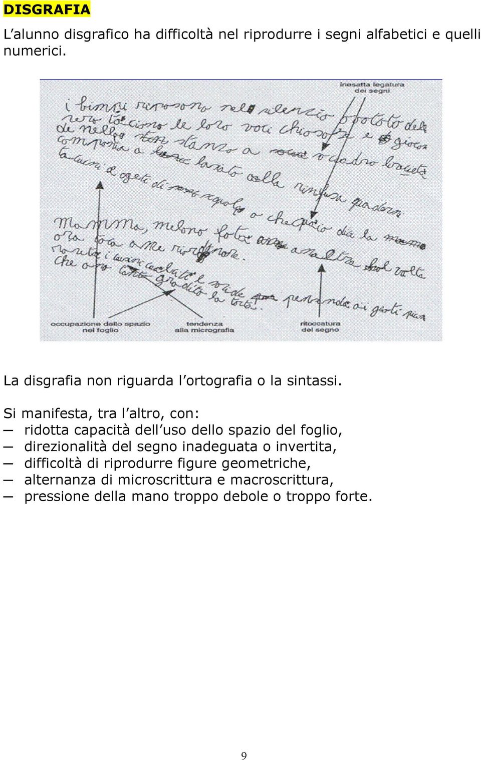 Si manifesta, tra l altro, con: ridotta capacità dell uso dello spazio del foglio, direzionalità del segno