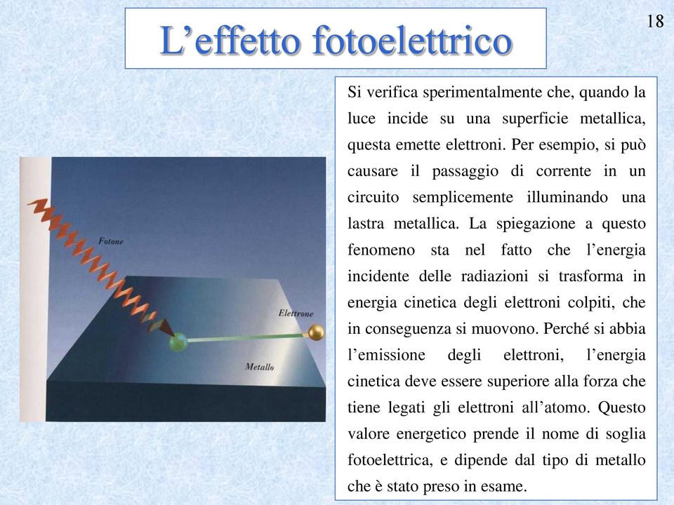 La spiegazione a questo fenomeno sta nel fatto che l energia incidente delle radiazioni si trasforma in energia cinetica degli elettroni colpiti, che in conseguenza si