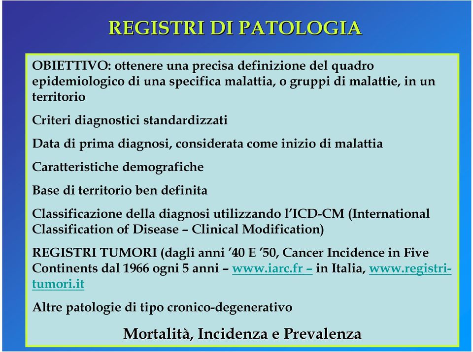 Classificazione della diagnosi utilizzando l ICD-CM (International Classification of Disease Clinical Modification) REGISTRI TUMORI (dagli anni 40 E 50, Cancer