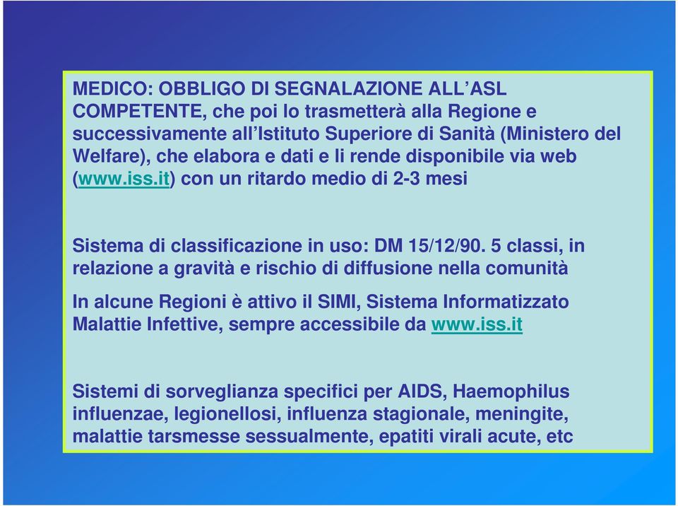 5 classi, in relazione a gravità e rischio di diffusione nella comunità In alcune Regioni è attivo il SIMI, Sistema Informatizzato Malattie Infettive, sempre