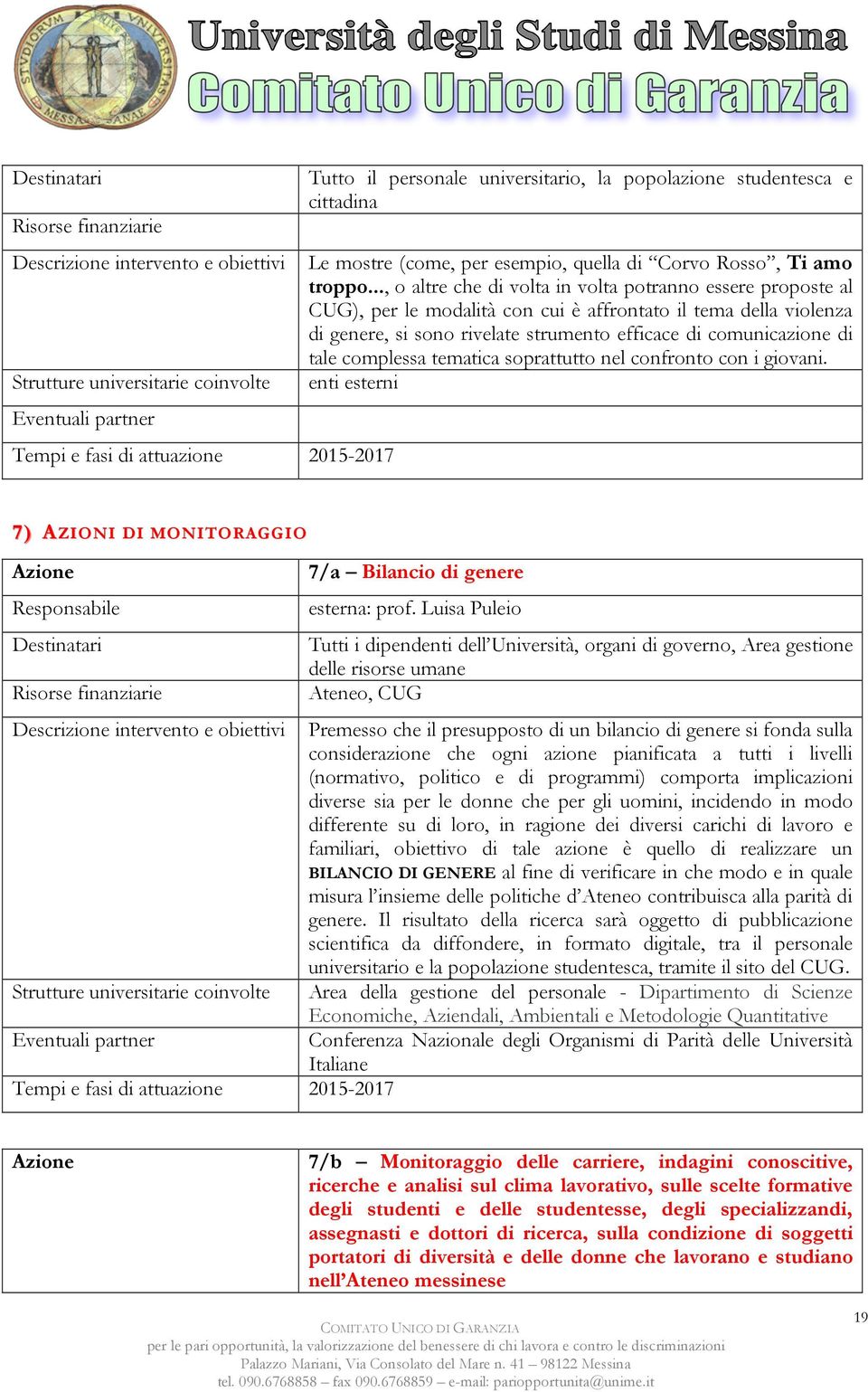 complessa tematica soprattutto nel confronto con i giovani. enti esterni 7) AZIONI DI MONITORAGGIO Responsabile 7/a Bilancio di genere esterna: prof.