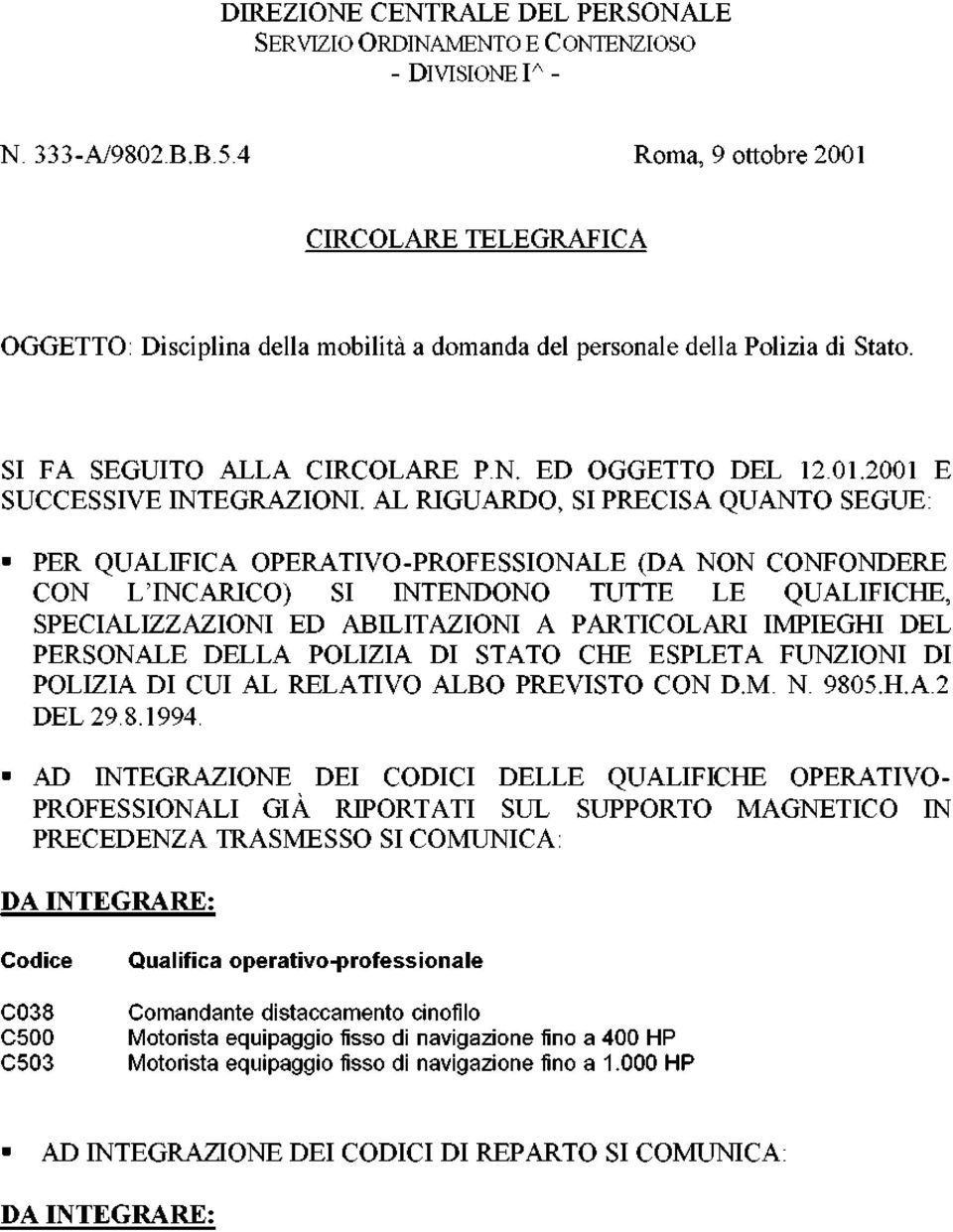 AL RIGUARDO, SI PRECISA QUANTO SEGUE: PER QUALIFICA OPERATIVO-PROFESSIONALE (DA NON CONFONDERE CON L INCARICO) SI INTENDONO TUTTE LE QUALIFICHE, SPECIALIZZAZIONI ED ABILITAZIONI A PARTICOLARI