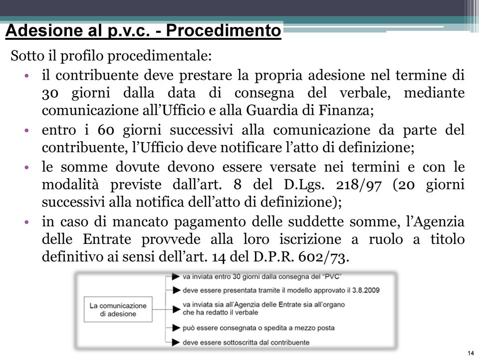 comunicazione all Ufficio e alla Guardia di Finanza; entro i 60 giorni successivi alla comunicazione da parte del contribuente, l Ufficio deve notificare l atto di definizione;