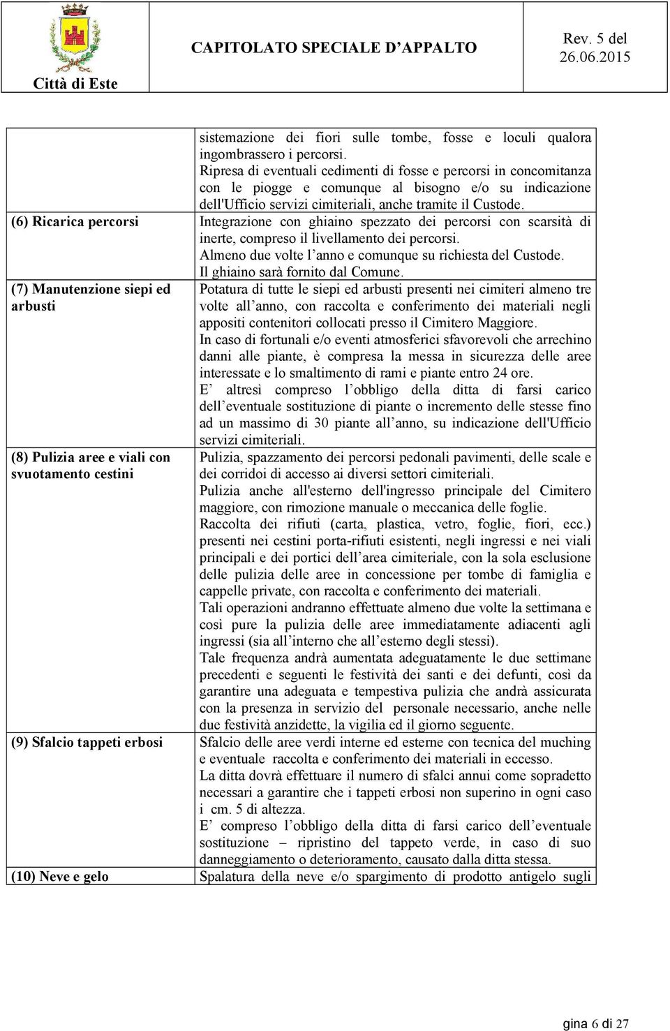 (6) Ricarica percorsi Integrazione con ghiaino spezzato dei percorsi con scarsità di inerte, compreso il livellamento dei percorsi. Almeno due volte l anno e comunque su richiesta del Custode.