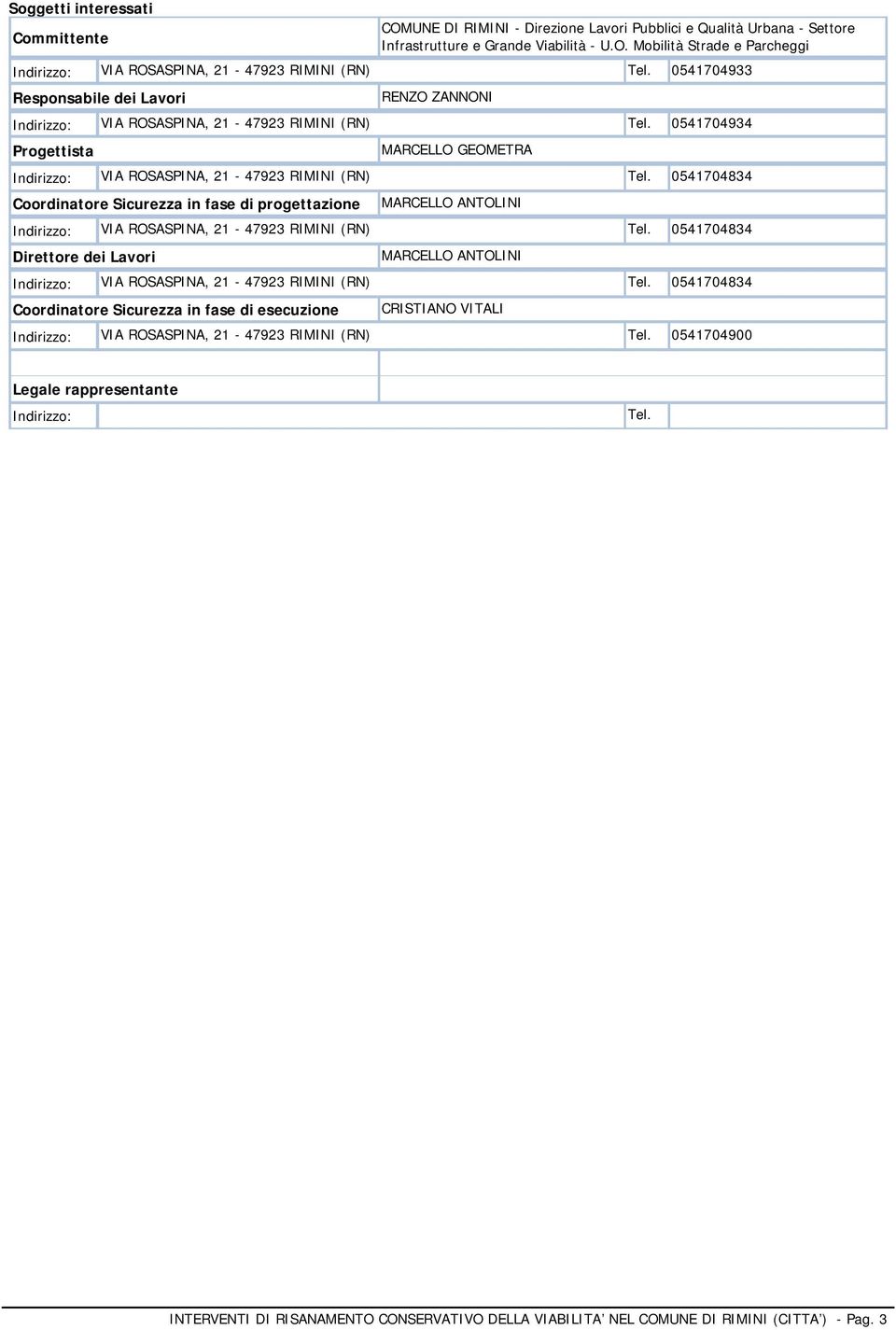 0541704834 Coordinatore Sicurezza in fase di progettazione MARCELLO ANTOLINI Indirizzo: VIA ROSASPINA, 21-47923 RIMINI (RN) Tel.