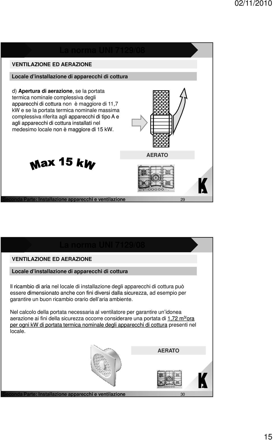 AERATO 9 9 La norma UNI 719/08 Locale d installazione di apparecchi di cottura Il ricambio di aria nel locale di installazione degli apparecchi di cottura può essere dimensionato anche con fini