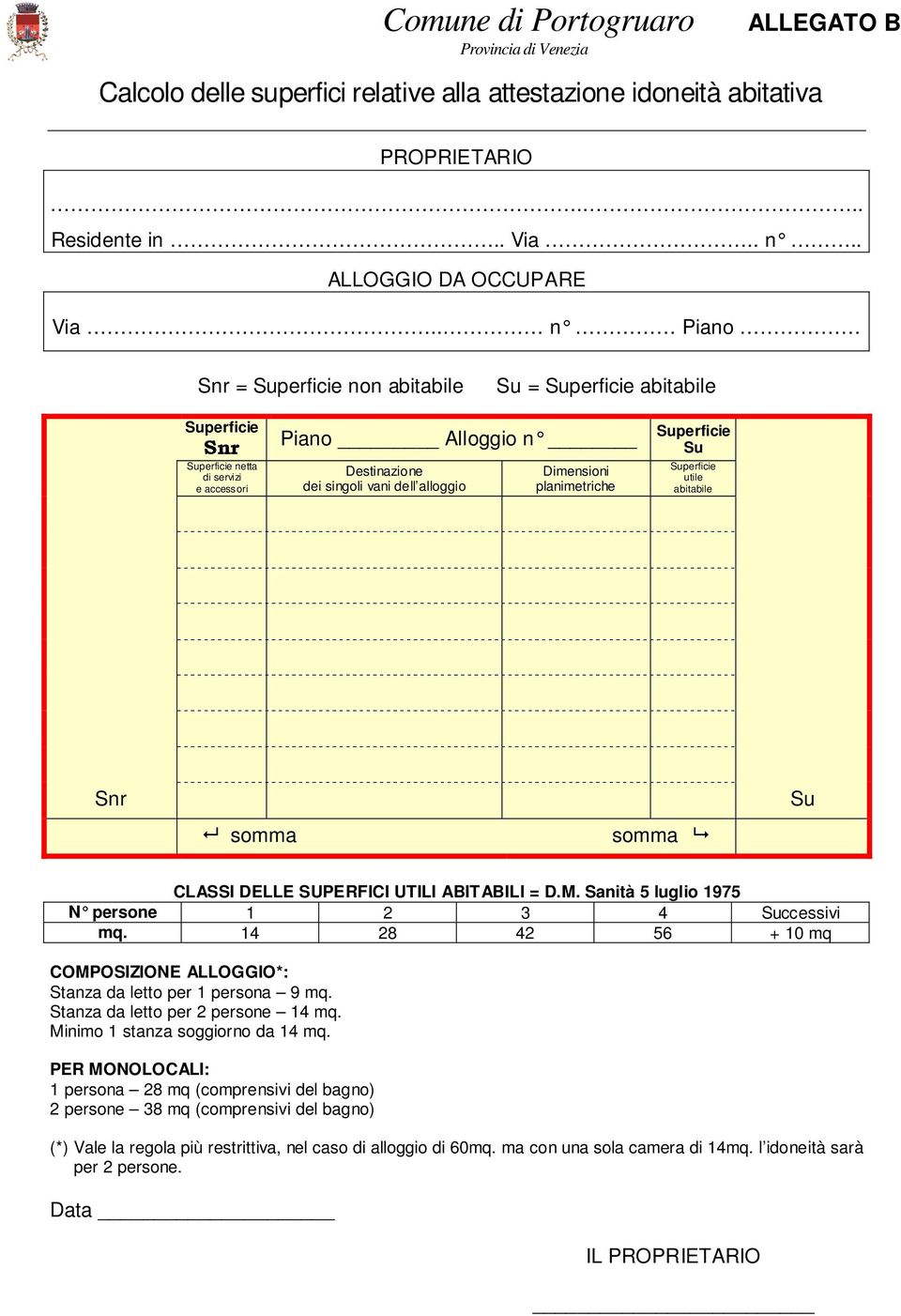 planimetriche Superficie Su Superficie utile abitabile Snr somma somma Su CLASSI DELLE SUPERFICI UTILI ABITABILI = D.M. Sanità 5 luglio 1975 N persone 1 2 3 4 Successivi mq.