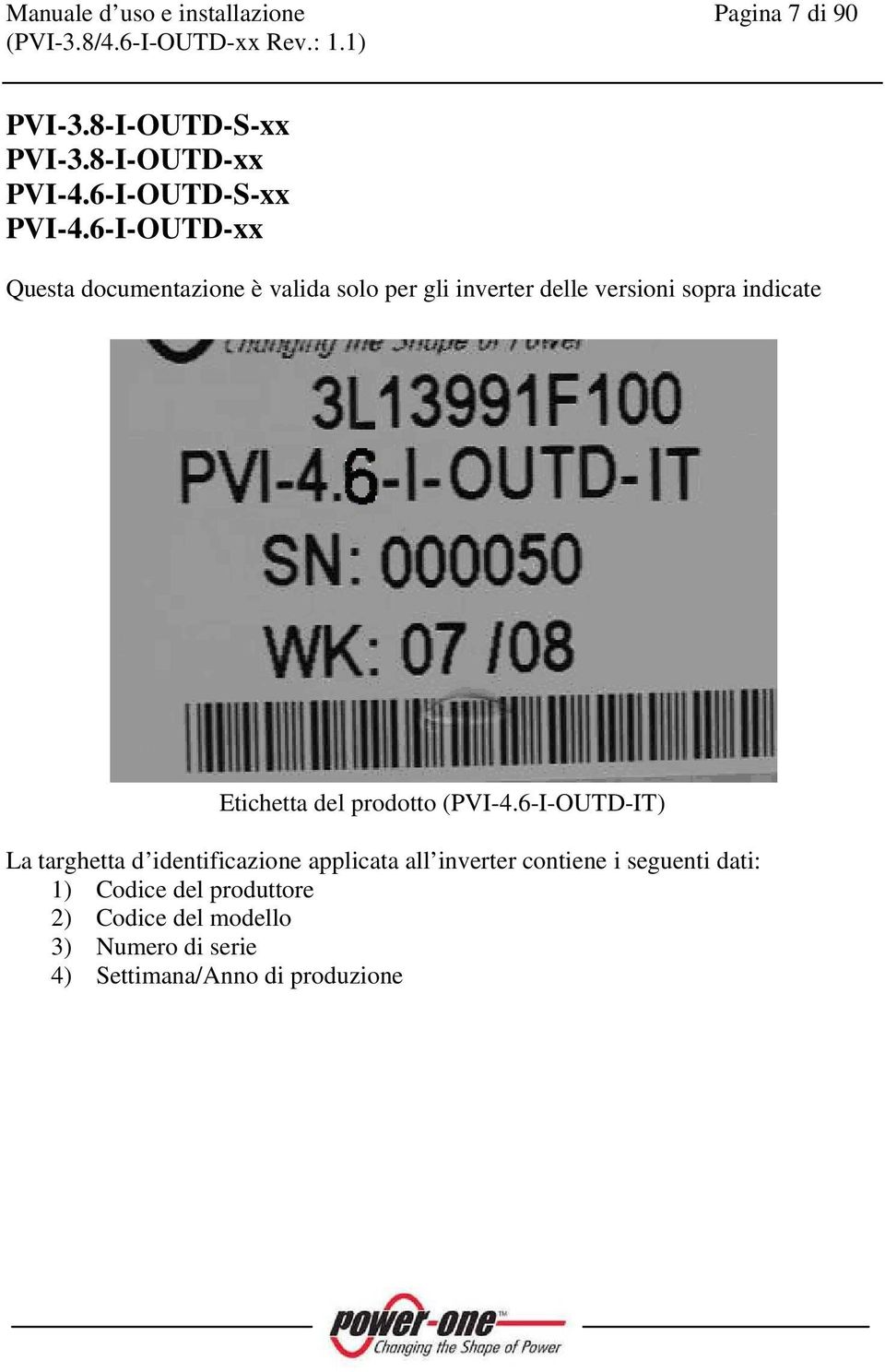 6-I-OUTD-xx Questa documentazione è valida solo per gli inverter delle versioni sopra indicate Etichetta