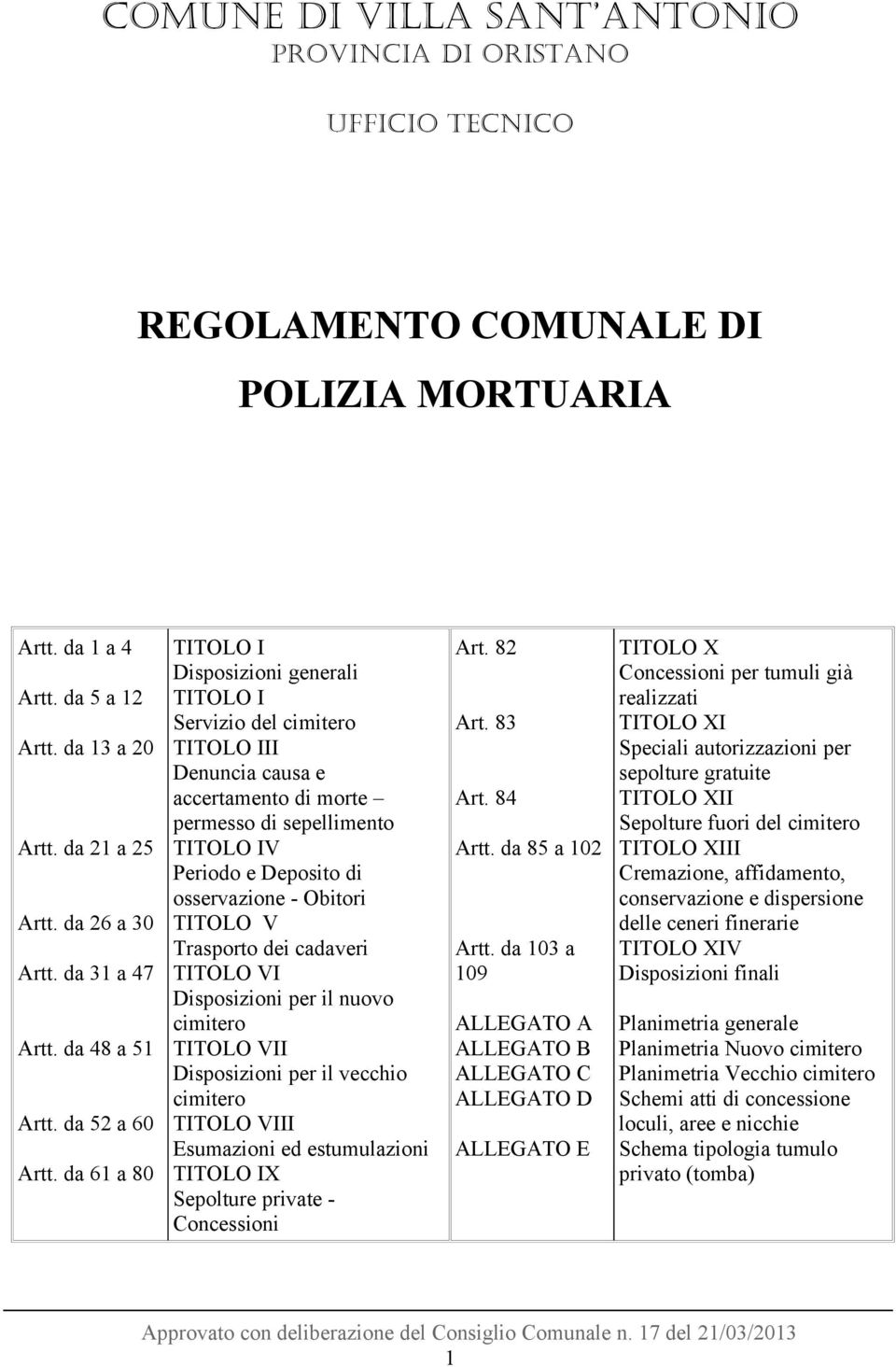 da 61 a 80 TITOLO I Disposizioni generali TITOLO I Servizio del cimitero TITOLO III Denuncia causa e accertamento di morte permesso di sepellimento TITOLO IV Periodo e Deposito di osservazione -