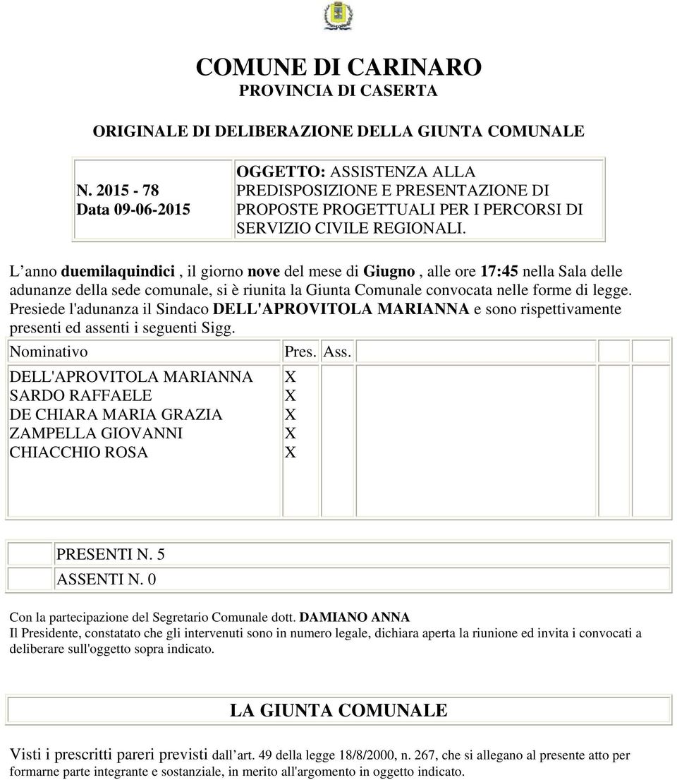 L anno duemilaquindici, il giorno nove del mese di Giugno, alle ore 17:45 nella Sala delle adunanze della sede comunale, si è riunita la Giunta Comunale convocata nelle forme di legge.