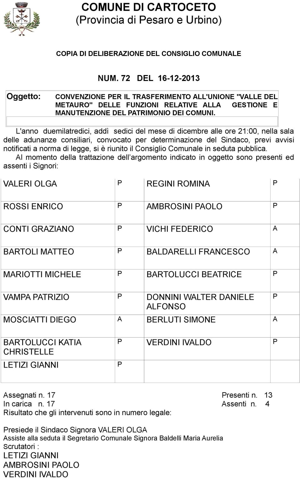 L'anno duemilatredici, addì sedici del mese di dicembre alle ore 21:00, nella sala delle adunanze consiliari, convocato per determinazione del Sindaco, previ avvisi notificati a norma di legge, si è