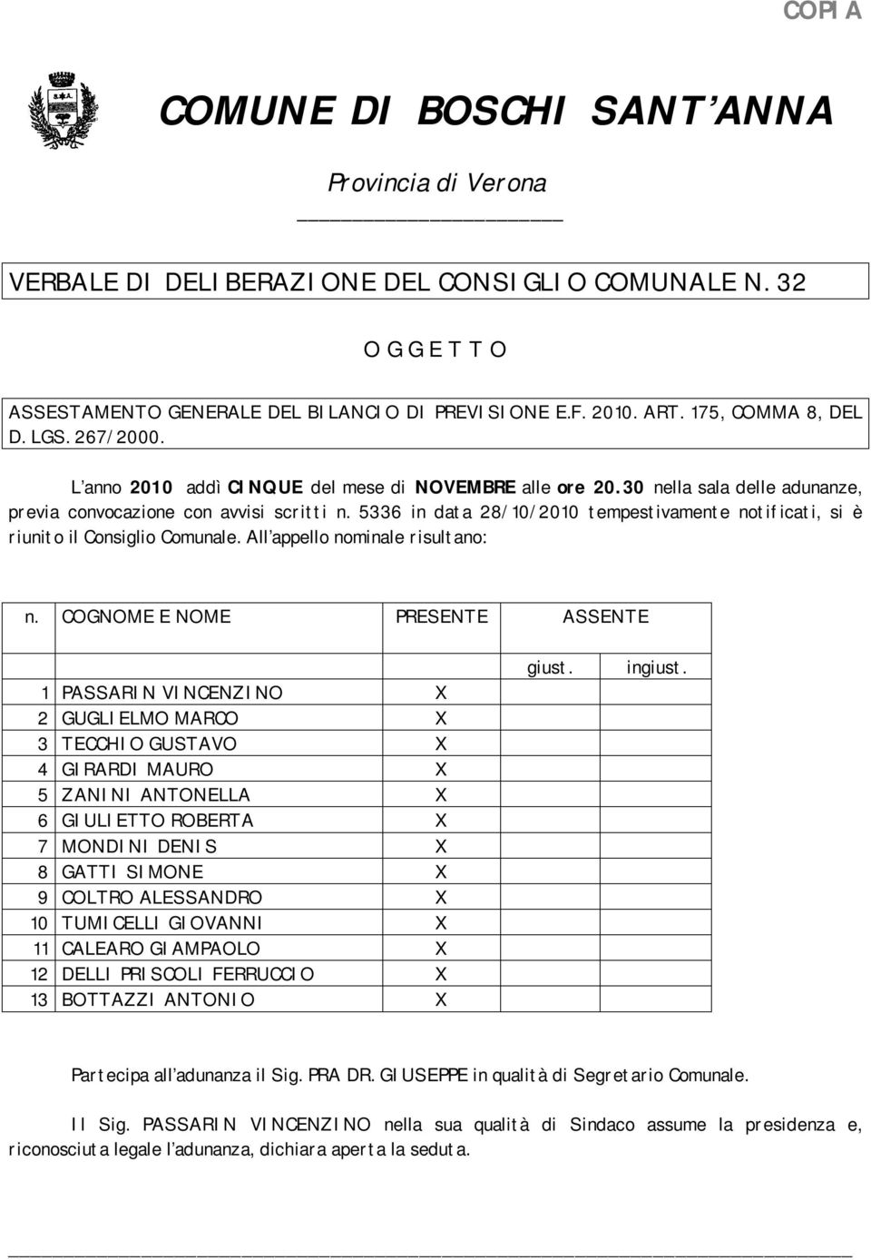 5336 in data 28/10/2010 tempestivamente notificati, si è riunito il Consiglio Comunale. All appello nominale risultano: n.