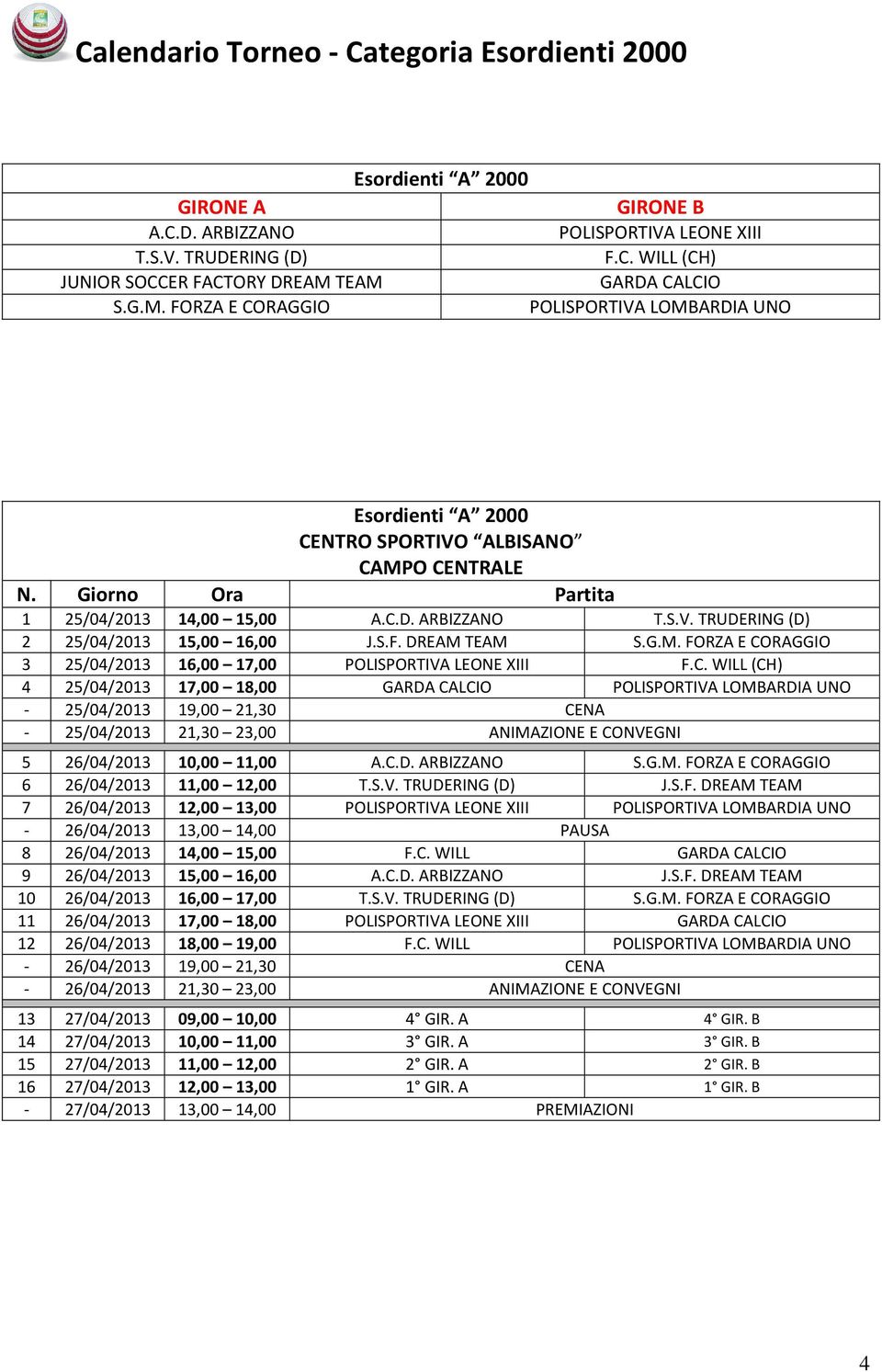 S.F. DREAM TEAM S.G.M. FORZA E CORAGGIO 3 /2013 16,00 17,00 POLISPORTIVA LEONE XIII F.C. WILL (CH) 4 /2013 17,00 18,00 GARDA CALCIO - /2013 19,00 21,30 CENA - /2013 21,30 23,00 ANIMAZIONE E CONVEGNI 5 /2013 10,00 11,00 A.
