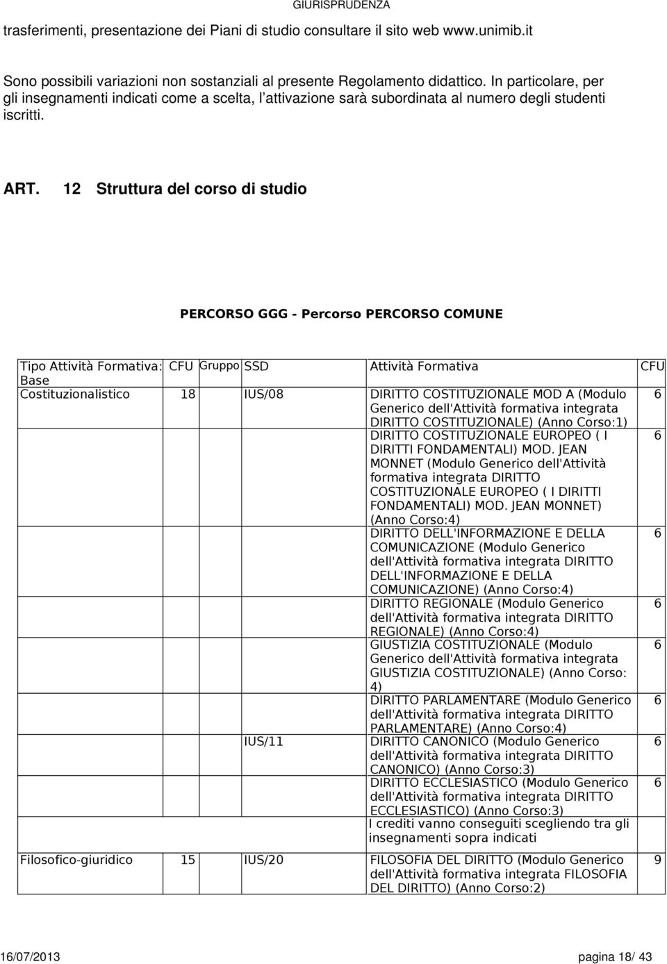 12 Struttura del corso di studio PERCORSO GGG - Percorso PERCORSO COMUNE Tipo Attività Formativa: CFU Gruppo SSD Attività Formativa CFU Base Costituzionalistico 18 IUS/08 DIRITTO COSTITUZIONALE MOD A