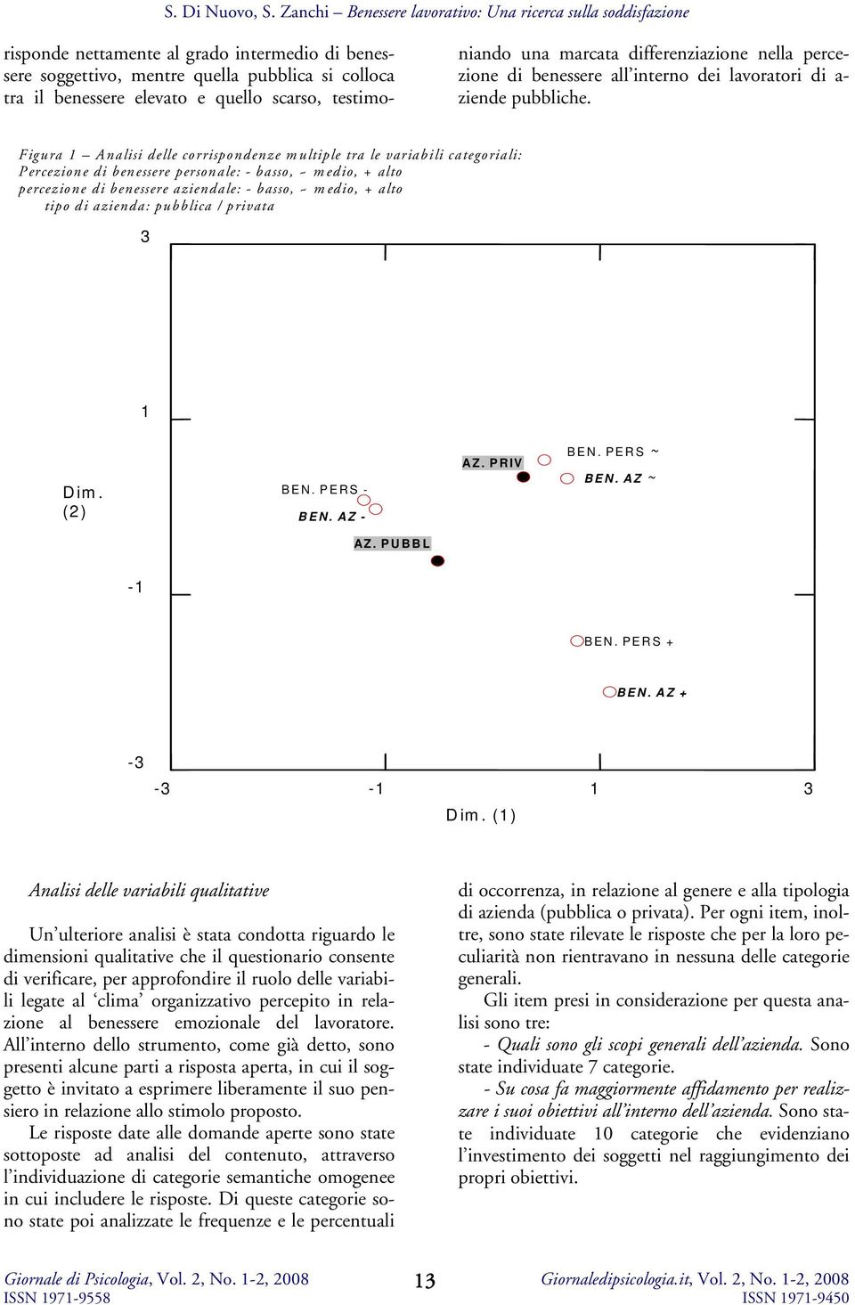 Figura 1 Analisi delle corrispondenze multiple tra le variabili categoriali: Percezione di benessere personale: - basso, ~ medio, + alto percezione di benessere aziendale: - basso, ~ medio, + alto