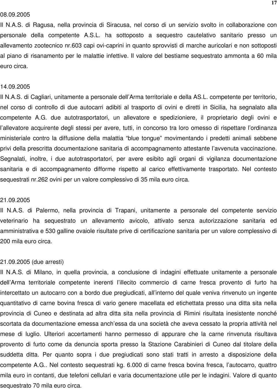 63 capi ovi-caprini in quanto sprovvisti di marche auricolari e non sottoposti al piano di risanamento per le malattie infettive. Il valore del bestiame sequestrato ammonta a 6 mila euro circa. 14.9.