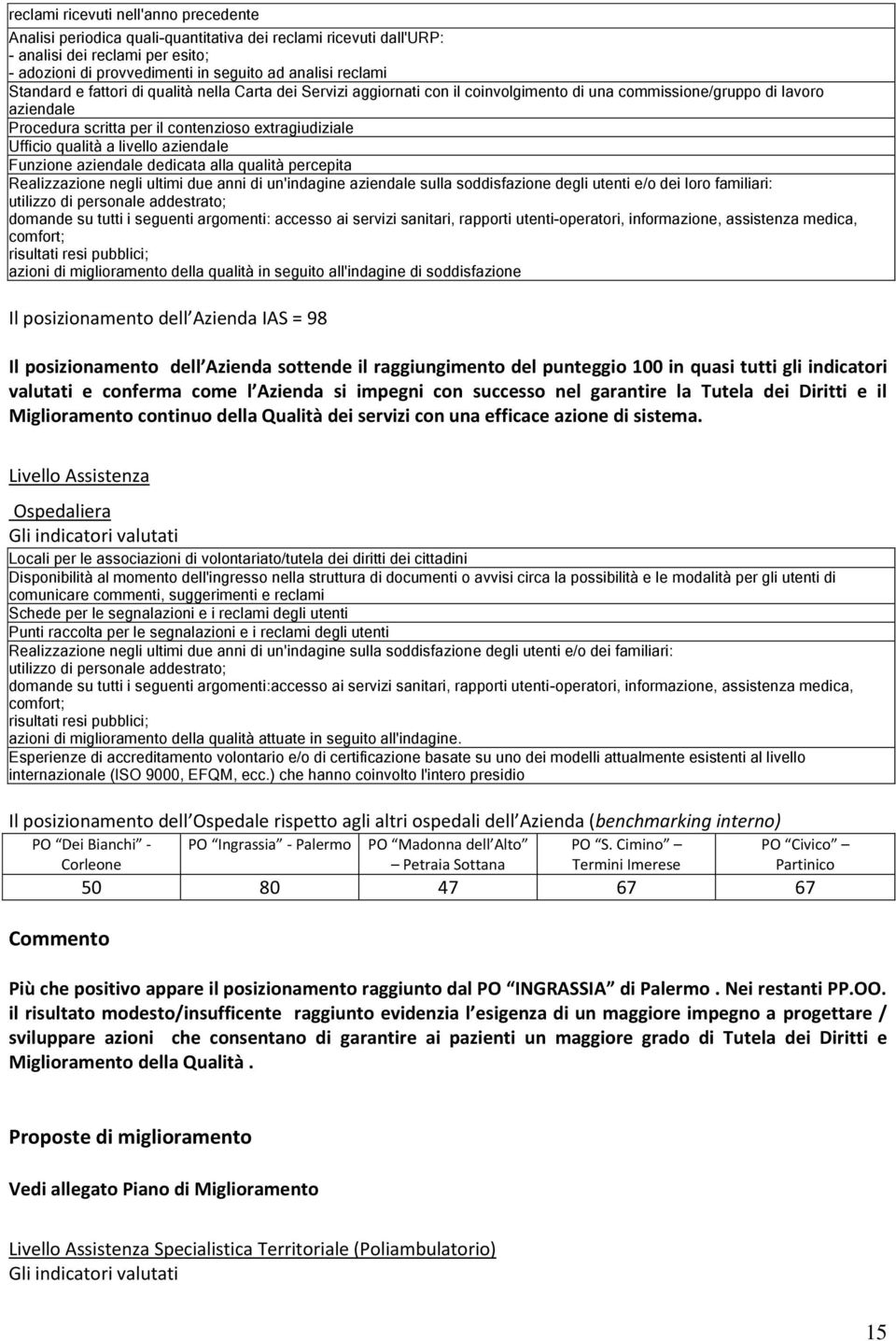 qualità a livello aziendale Funzione aziendale dedicata alla qualità percepita Realizzazione negli ultimi due anni di un'indagine aziendale sulla soddisfazione degli utenti e/o dei loro familiari: