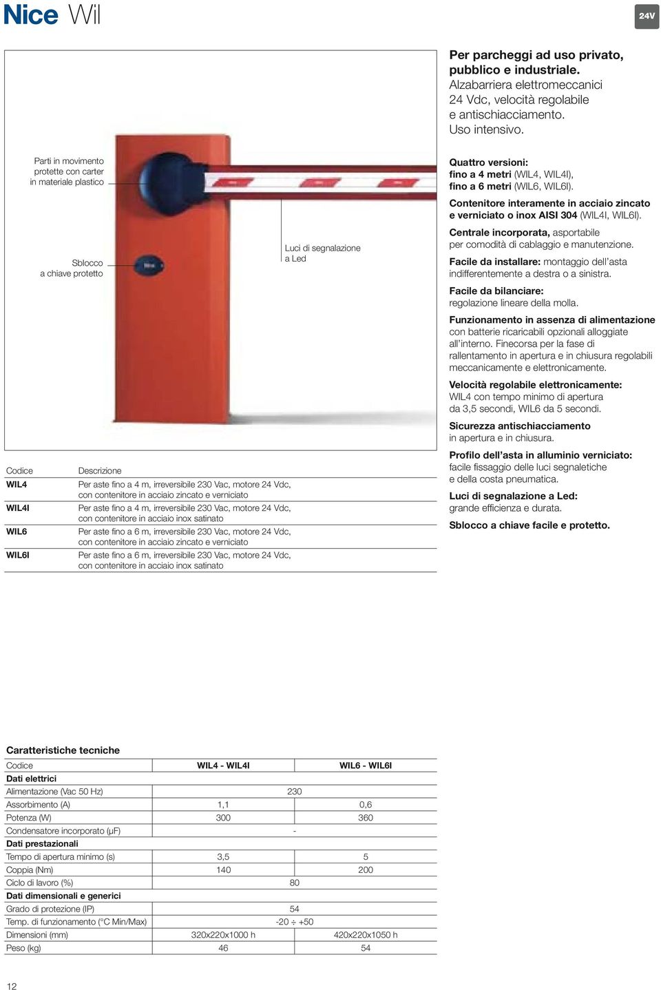 contenitore in acciaio zincato e verniciato Per aste fi no a 4 m, irreversibile 230 Vac, motore 24 Vdc, con contenitore in acciaio inox satinato Per aste fi no a 6 m, irreversibile 230 Vac, motore 24