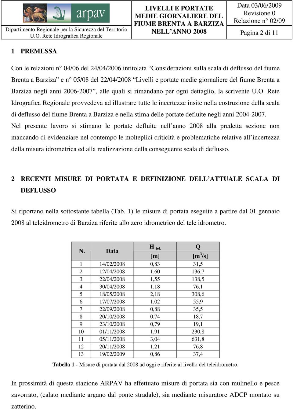 Rete Idrografica Regionale provvedeva ad illustrare tutte le incertezze insite nella costruzione della scala di deflusso del fiume Brenta a Barziza e nella stima delle portate defluite negli anni