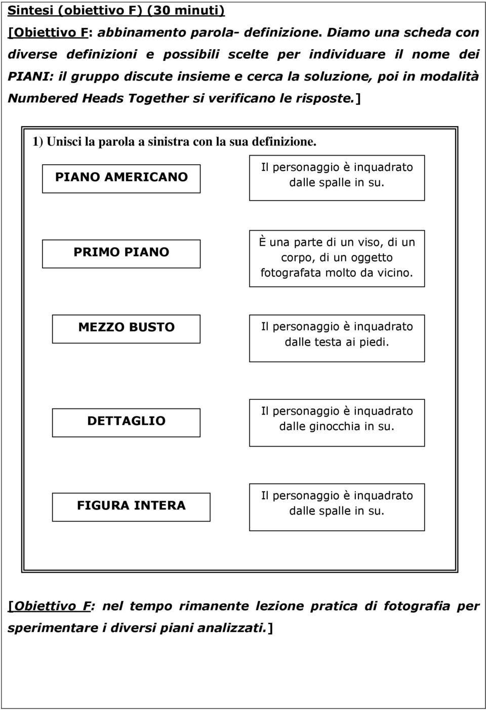 Heads Together si verificano le risposte.] 1) Unisci la parola a sinistra con la sua definizione. PIANO AMERICANO dalle spalle in su.