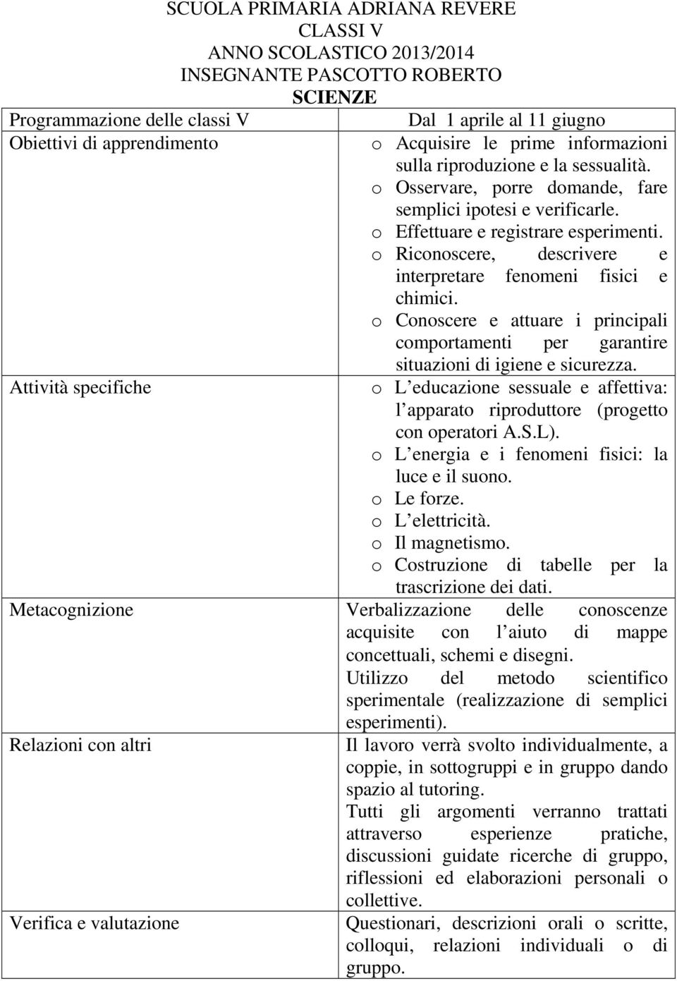 o Conoscere e attuare i principali comportamenti per garantire situazioni di igiene e sicurezza. o L educazione sessuale e affettiva: l apparato riproduttore (progetto con operatori A.