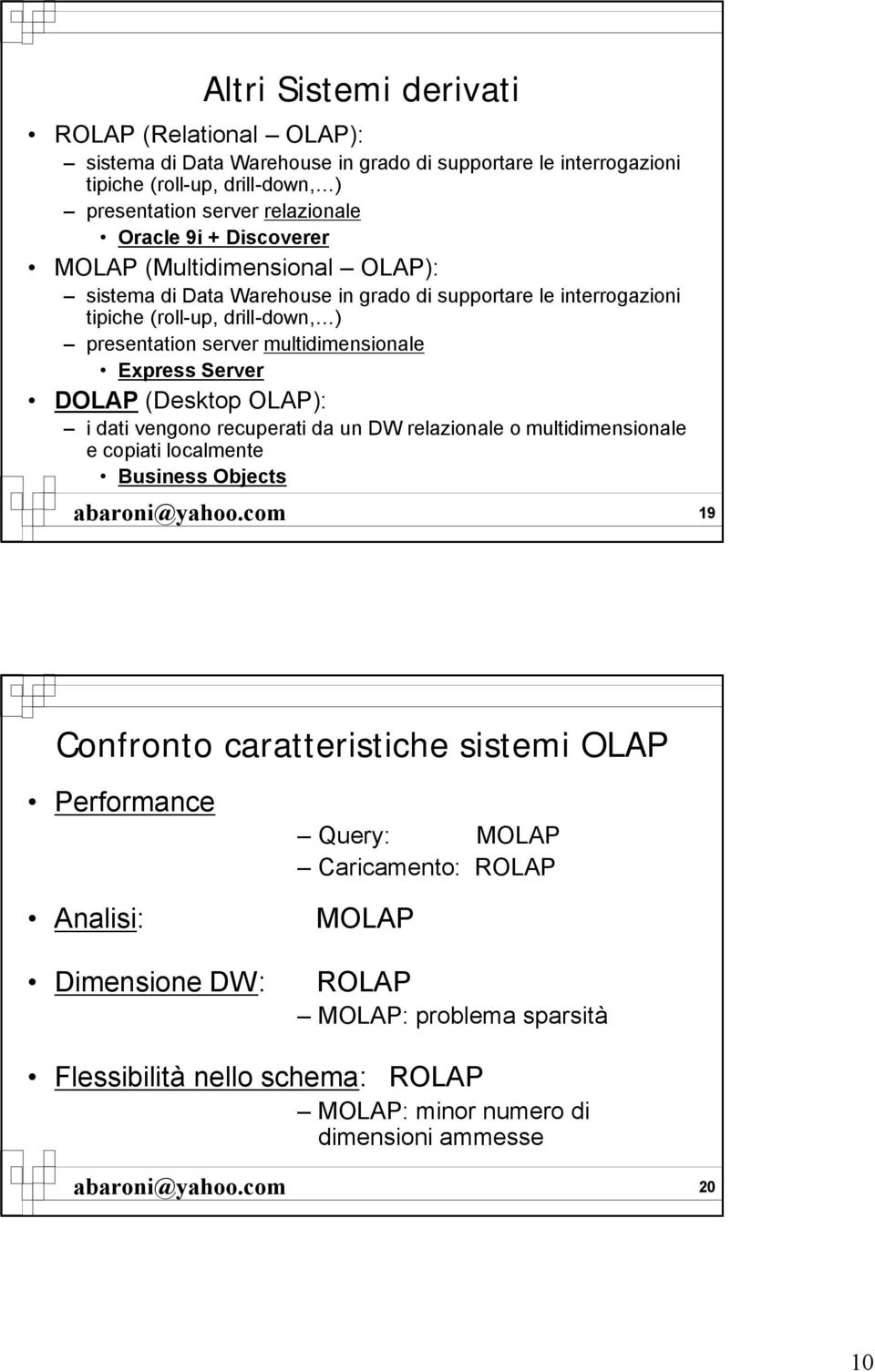 multidimensionale Express Server DOLAP (Desktop OLAP): i dati vengono recuperati da un DW relazionale o multidimensionale e copiati localmente Business Objects 19 Confronto