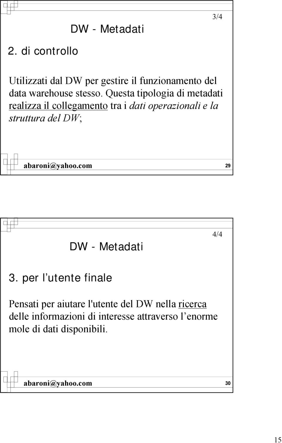 Questa tipologia di metadati realizza il collegamento tra i dati operazionali e la struttura del