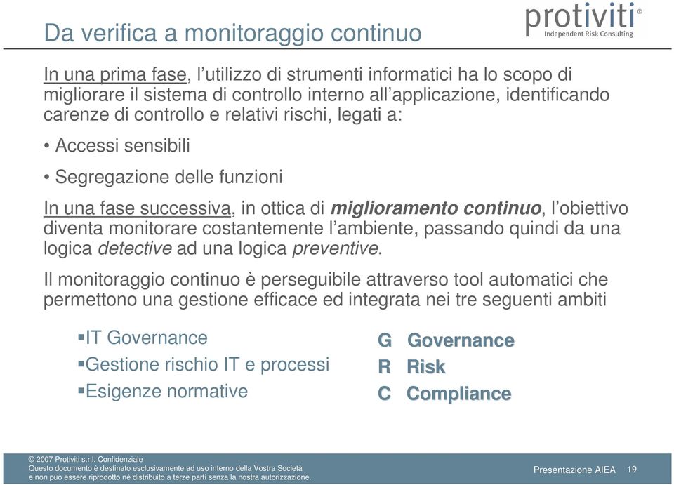 obiettivo diventa monitorare costantemente l ambiente, passando quindi da una logica detective ad una logica preventive.