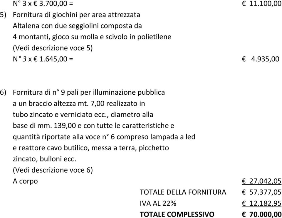 5) N 3 x 1.645,00 = 4.935,00 6) Fornitura di n 9 pali per illuminazione pubblica a un braccio altezza mt. 7,00 realizzato in tubo zincato e verniciato ecc.