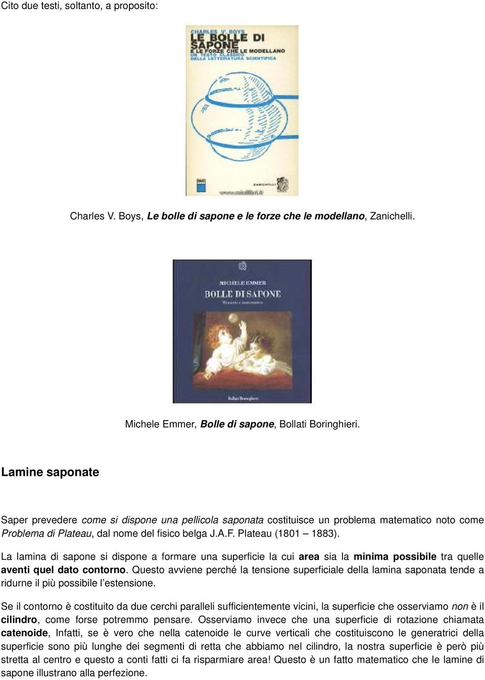 La lamina di sapone si dispone a formare una superficie la cui area sia la minima possibile tra quelle aventi quel dato contorno.