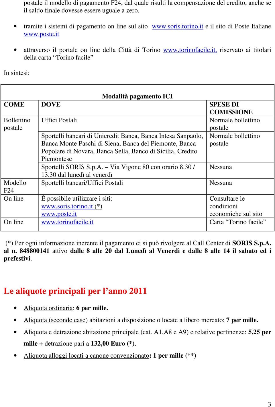 it, riservato ai titolari della carta Torino facile In sintesi: Modalità pagamento ICI COME DOVE SPESE DI Bollettino postale Modello F24 On line Uffici Postali Sportelli bancari di Unicredit Banca,